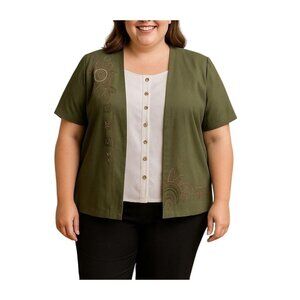 Allison Daley Ii Olive Green Embroidered Jacket Attached Button Top 18W